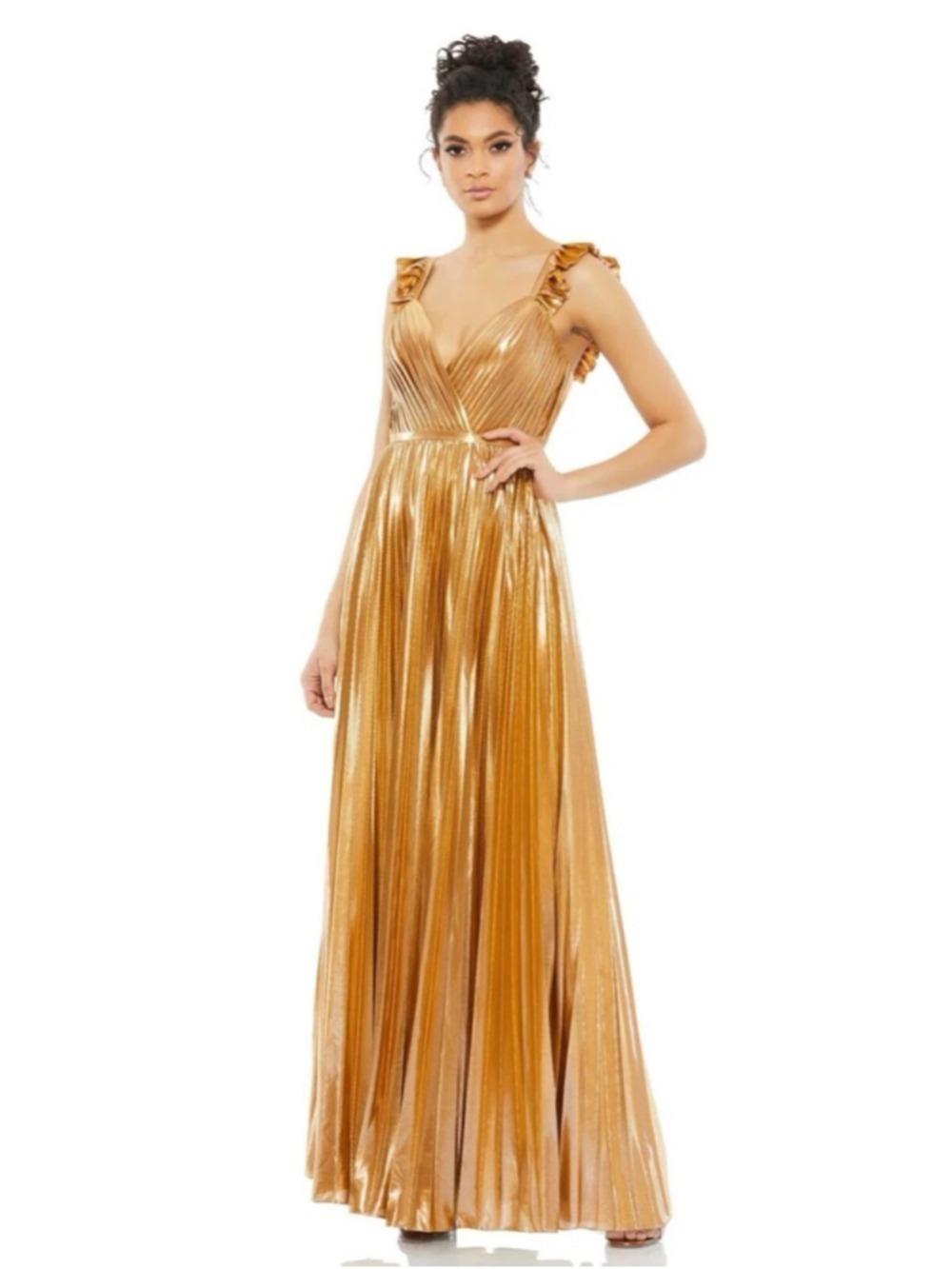 Women's Mac Duggal Gold Pleated Ruffled Maxi Dress Size 2